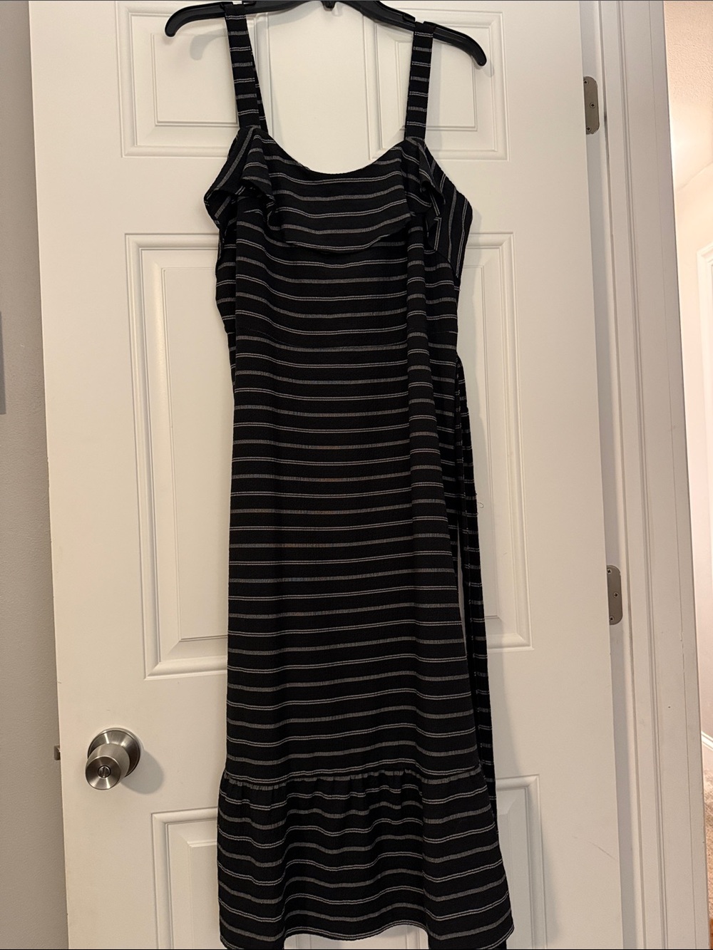 Banana Republic Black and Gray Striped Sleeveless Midi Dress